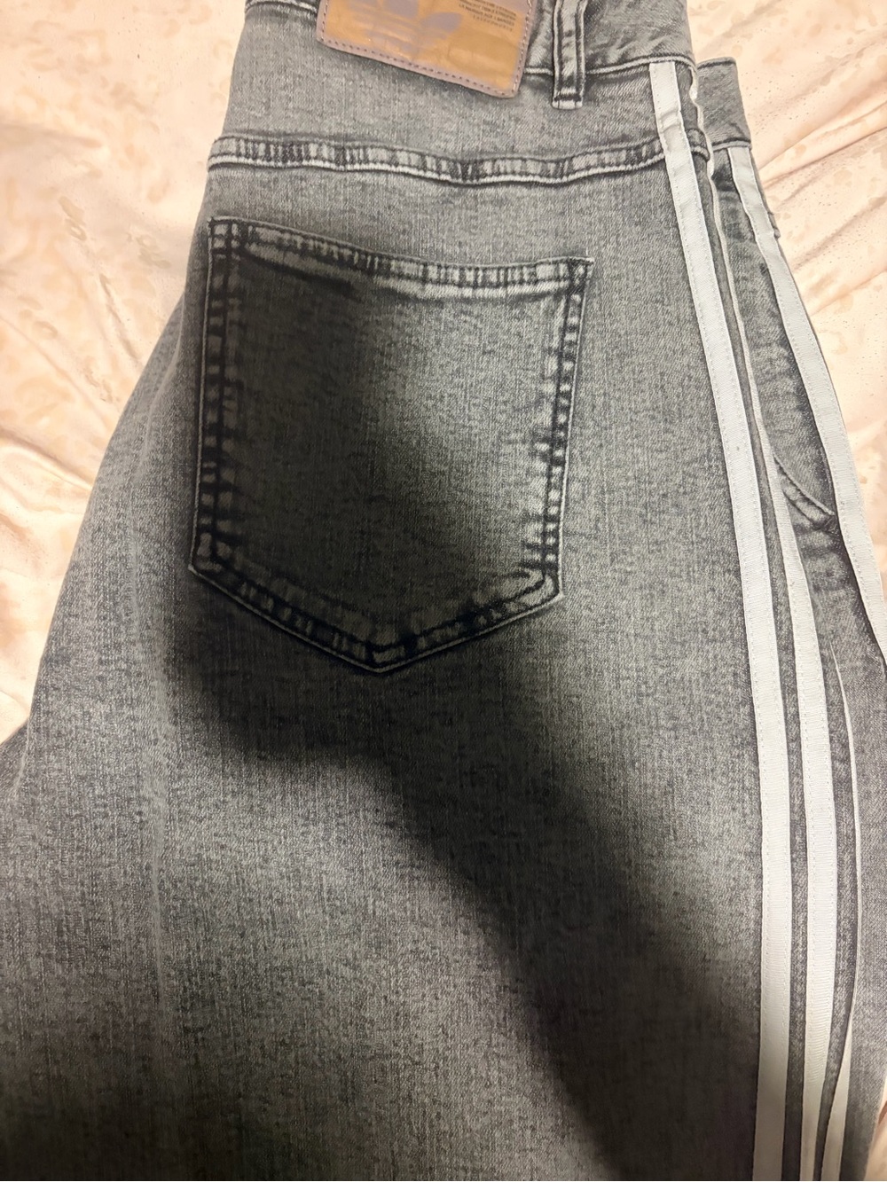adidas Washed Grey Wide-Leg Flare Jeans with White Side Stripes - Picture 5 of 7